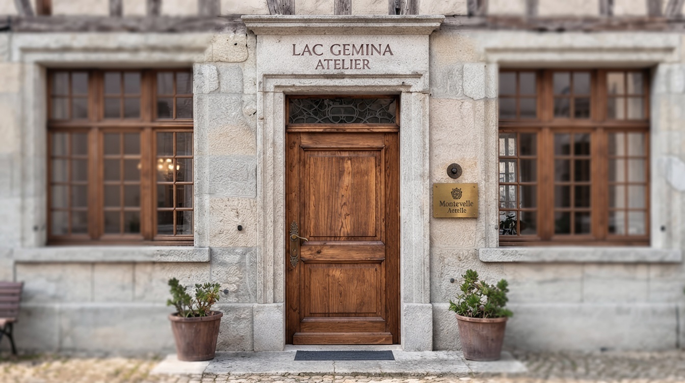 The refined atelier entrance from the Montevelle Aerelle campaign, with its wooden door and bronze sign
