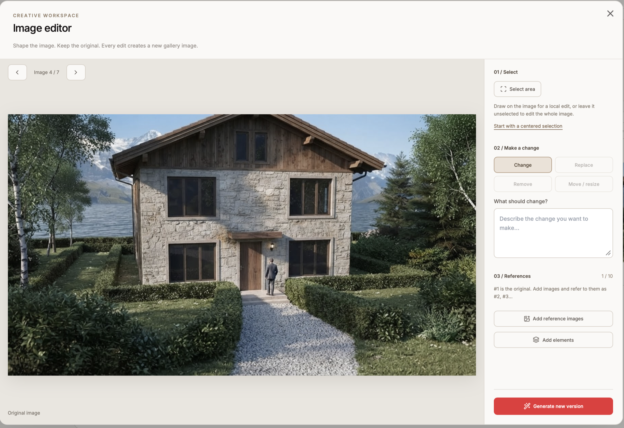 The Saganode Image Editor with area selection, edit instructions, and reference controls